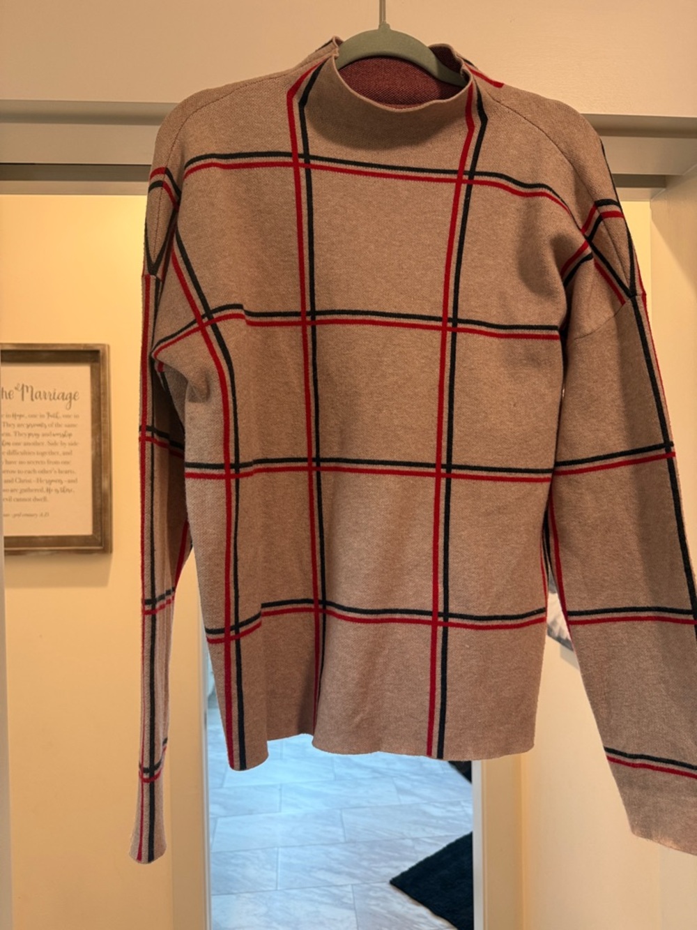 Neutral Plaid Mock Neck Sweater with Red & Black Windowpane